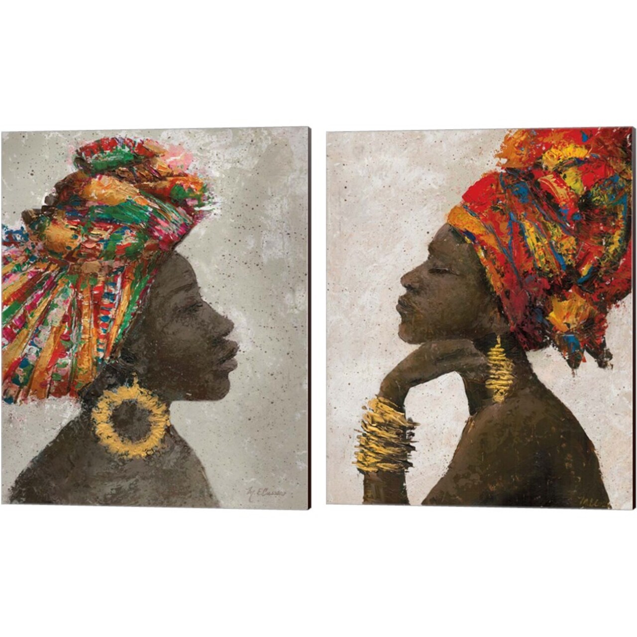 Portrait of a Woman (gold hoop) by Marie-Elaine Cusson 12" x 15" Canvas Wall Art (Set of 2)
